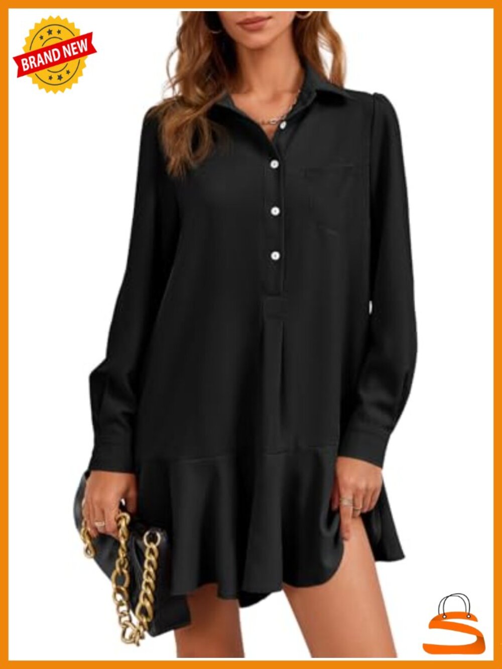 Fisoew Women's Long Sleeve Button Down Shirt Dress Collared Mini Dress